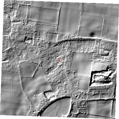Shaded relief map of the ground around IP288QR, computed from Environment Agency LiDAR. The ground here sits at about 6 m above sea level and falls 7 m across the surrounding 800 m. Surface water reaching this point runs off ground lying to the east-south-east, 5.1 m higher.