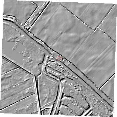 Shaded relief map of the ground around IP288QS, computed from Environment Agency LiDAR. The ground here sits at about 4 m above sea level and falls 5 m across the surrounding 800 m. Surface water reaching this point runs off ground lying to the south-east, 4.7 m higher.