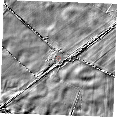 Shaded relief map of the ground around IP288QT, computed from Environment Agency LiDAR. The ground here sits at about 3 m above sea level and falls 6 m across the surrounding 800 m. Surface water reaching this point runs off ground lying to the north, 0.6 m higher.