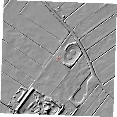 Shaded relief map of the ground around IP288QU, computed from Environment Agency LiDAR. The ground here sits at about 2 m above sea level and falls 10 m across the surrounding 800 m. Surface water reaching this point runs off ground lying to the south-east, 2.2 m higher.