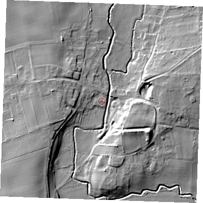 Shaded relief map of the ground around IP288QZ, computed from Environment Agency LiDAR. The ground here sits at about 8 m above sea level and falls 14 m across the surrounding 800 m. Surface water reaching this point runs off ground lying to the east-south-east, 13.6 m higher.