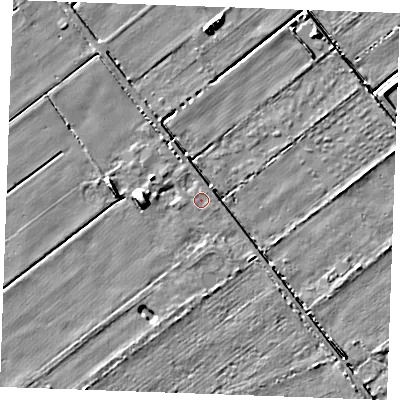 Shaded relief map of the ground around IP288RF, computed from Environment Agency LiDAR. The ground here sits at about 3 m above sea level and falls 6 m across the surrounding 800 m. Surface water reaching this point runs off ground lying to the north, 0.6 m higher.