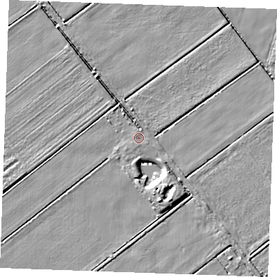 Shaded relief map of the ground around IP288RG, computed from Environment Agency LiDAR. The ground here sits at about 2 m above sea level and falls 6 m across the surrounding 800 m. Surface water reaching this point runs off ground lying to the north, 0.8 m higher.