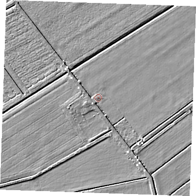 Shaded relief map of the ground around IP288RH, computed from Environment Agency LiDAR. The ground here sits at about -0 m above sea level and falls 3 m across the surrounding 800 m. Surface water reaching this point runs off ground lying to the west-south-west, 2.8 m higher.