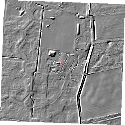 Shaded relief map of the ground around IP288RW, computed from Environment Agency LiDAR. The ground here sits at about 21 m above sea level and falls 7 m across the surrounding 800 m. Surface water reaching this point runs off ground lying to the west-south-west, 2.0 m higher.