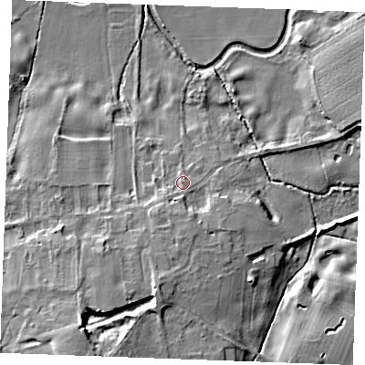 Shaded relief map of the ground around IP288RX, computed from Environment Agency LiDAR. The ground here sits at about 9 m above sea level and falls 13 m across the surrounding 800 m. Surface water reaching this point runs off ground lying to the south, 4.1 m higher.