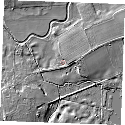 Shaded relief map of the ground around IP288RY, computed from Environment Agency LiDAR. The ground here sits at about 6 m above sea level and falls 11 m across the surrounding 800 m. Surface water reaching this point runs off ground lying to the east, 5.1 m higher.
