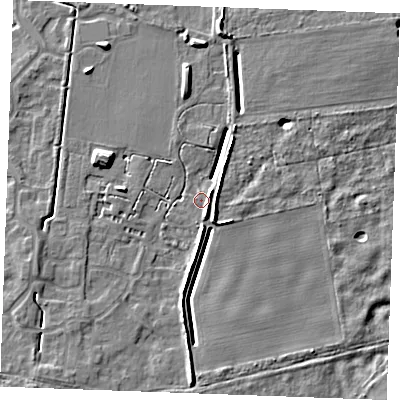 Shaded relief map of the ground around IP288SZ, computed from Environment Agency LiDAR. The ground here sits at about 21 m above sea level and falls 7 m across the surrounding 800 m. Surface water reaching this point runs off ground lying to the east-north-east, 3.5 m higher.