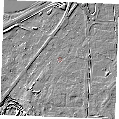 Shaded relief map of the ground around IP288TB, computed from Environment Agency LiDAR. The ground here sits at about 19 m above sea level and falls 9 m across the surrounding 800 m. Surface water reaching this point runs off ground lying to the south-south-east, 1.2 m higher.