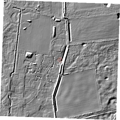 Shaded relief map of the ground around IP288TU, computed from Environment Agency LiDAR. The ground here sits at about 20 m above sea level and falls 8 m across the surrounding 800 m. Surface water reaching this point runs off ground lying to the south-south-east, 5.6 m higher.