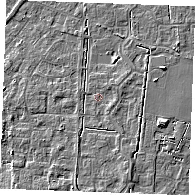 Shaded relief map of the ground around IP288UZ, computed from Environment Agency LiDAR. The ground here sits at about 21 m above sea level and falls 7 m across the surrounding 800 m. Surface water reaching this point runs off ground lying to the south-south-east, 3.6 m higher.