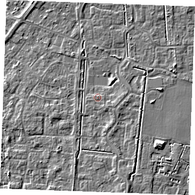 Shaded relief map of the ground around IP288XQ, computed from Environment Agency LiDAR. The ground here sits at about 20 m above sea level and falls 8 m across the surrounding 800 m. Surface water reaching this point runs off ground lying to the south-south-east, 3.6 m higher.