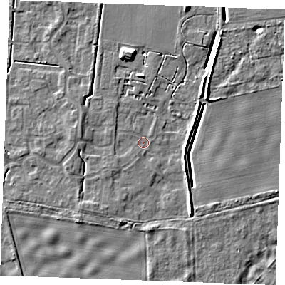 Shaded relief map of the ground around IP288YA, computed from Environment Agency LiDAR. The ground here sits at about 21 m above sea level and falls 7 m across the surrounding 800 m. Surface water reaching this point runs off ground lying to the west-south-west, 1.1 m higher.