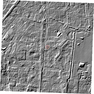 Shaded relief map of the ground around IP288YT, computed from Environment Agency LiDAR. The ground here sits at about 20 m above sea level and falls 7 m across the surrounding 800 m. Surface water reaching this point runs off ground lying to the south-south-east, 3.6 m higher.