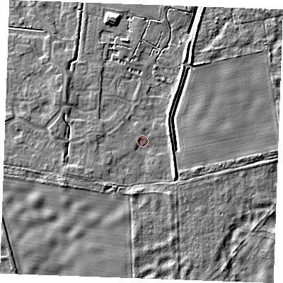Shaded relief map of the ground around IP288YX, computed from Environment Agency LiDAR. The ground here sits at about 21 m above sea level and falls 6 m across the surrounding 800 m. Surface water reaching this point runs off ground lying to the south-east, 3.4 m higher.