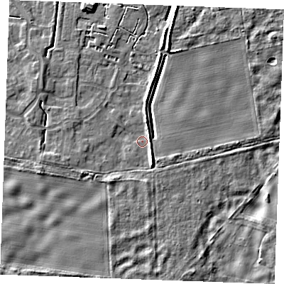 Shaded relief map of the ground around IP288YY, computed from Environment Agency LiDAR. The ground here sits at about 21 m above sea level and falls 6 m across the surrounding 800 m. Surface water reaching this point runs off ground lying to the south-south-east, 3.2 m higher.