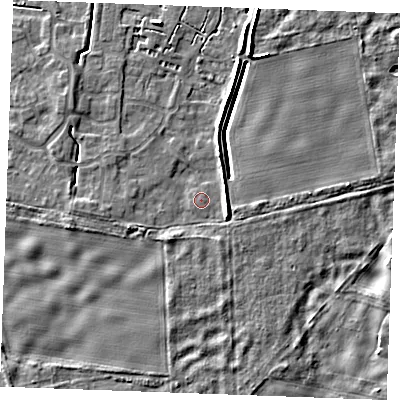 Shaded relief map of the ground around IP288YZ, computed from Environment Agency LiDAR. The ground here sits at about 22 m above sea level and falls 6 m across the surrounding 800 m. The ground contributing surface water to this point lies to the south-south-west.