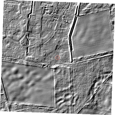 Shaded relief map of the ground around IP288ZA, computed from Environment Agency LiDAR. The ground here sits at about 22 m above sea level and falls 6 m across the surrounding 800 m. Surface water reaching this point runs off ground lying to the east-south-east, 3.3 m higher.