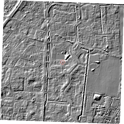 Shaded relief map of the ground around IP288ZE, computed from Environment Agency LiDAR. The ground here sits at about 20 m above sea level and falls 8 m across the surrounding 800 m. Surface water reaching this point runs off ground lying to the south-east, 1.8 m higher.