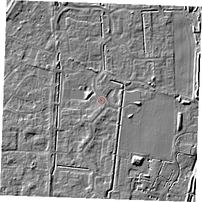 Shaded relief map of the ground around IP288ZG, computed from Environment Agency LiDAR. The ground here sits at about 20 m above sea level and falls 7 m across the surrounding 800 m. Surface water reaching this point runs off ground lying to the south-south-west, 1.3 m higher.