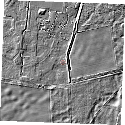 Shaded relief map of the ground around IP288ZN, computed from Environment Agency LiDAR. The ground here sits at about 22 m above sea level and falls 6 m across the surrounding 800 m. Surface water reaching this point runs off ground lying to the south-south-east, 3.4 m higher.