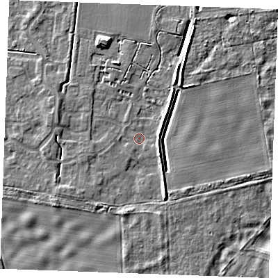Shaded relief map of the ground around IP288ZQ, computed from Environment Agency LiDAR. The ground here sits at about 21 m above sea level and falls 7 m across the surrounding 800 m. Surface water reaching this point runs off ground lying to the south-south-east, 3.4 m higher.
