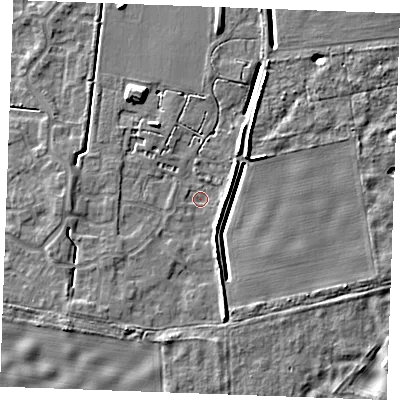 Shaded relief map of the ground around IP288ZR, computed from Environment Agency LiDAR. The ground here sits at about 21 m above sea level and falls 7 m across the surrounding 800 m. Surface water reaching this point runs off ground lying to the south-south-east, 3.9 m higher.
