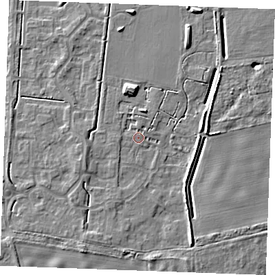 Shaded relief map of the ground around IP288ZT, computed from Environment Agency LiDAR. The ground here sits at about 21 m above sea level and falls 7 m across the surrounding 800 m. The ground contributing surface water to this point lies to the north-east.