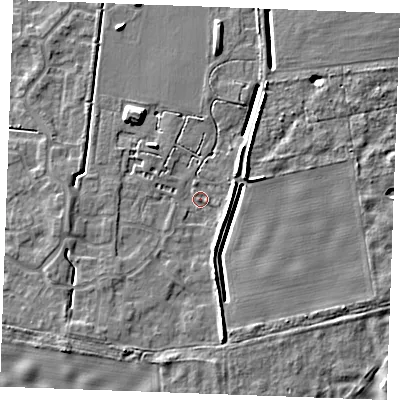 Shaded relief map of the ground around IP288ZU, computed from Environment Agency LiDAR. The ground here sits at about 21 m above sea level and falls 7 m across the surrounding 800 m. Surface water reaching this point runs off ground lying to the south, 3.9 m higher.