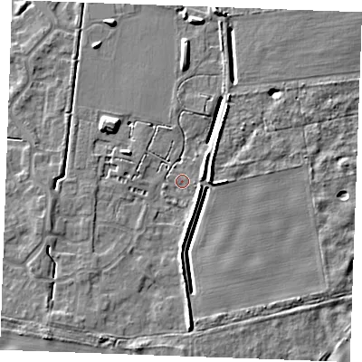 Shaded relief map of the ground around IP288ZX, computed from Environment Agency LiDAR. The ground here sits at about 21 m above sea level and falls 7 m across the surrounding 800 m. Surface water reaching this point runs off ground lying to the south, 3.9 m higher.