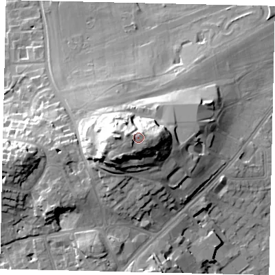 Shaded relief map of the ground around KT108AN, computed from Environment Agency LiDAR. The ground here sits at about 49 m above sea level and falls 36 m across the surrounding 800 m. Surface water reaching this point runs off ground lying to the west, 1.7 m higher.