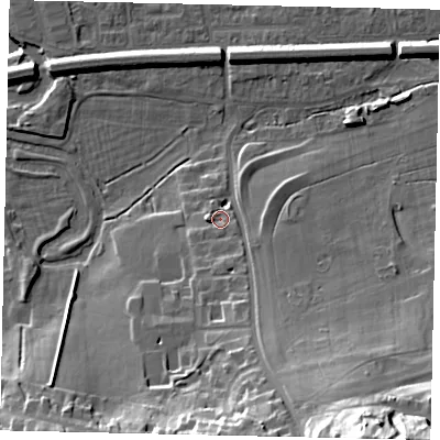 Shaded relief map of the ground around KT108AP, computed from Environment Agency LiDAR. The ground here sits at about 16 m above sea level and falls 41 m across the surrounding 800 m. Surface water reaching this point runs off ground lying to the west, 2.4 m higher.