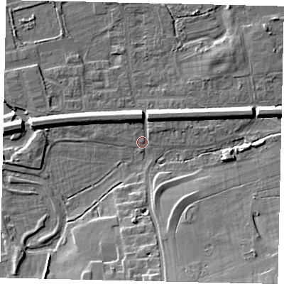 Shaded relief map of the ground around KT108AR, computed from Environment Agency LiDAR. The ground here sits at about 13 m above sea level and falls 13 m across the surrounding 800 m. Surface water reaching this point runs off ground lying to the south, 9.7 m higher.