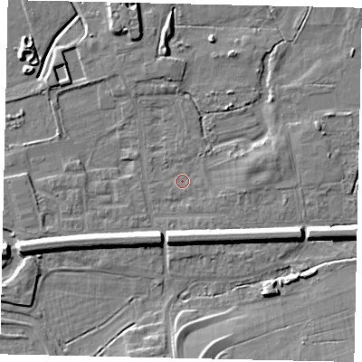 Shaded relief map of the ground around KT108AT, computed from Environment Agency LiDAR. The ground here sits at about 12 m above sea level and falls 8 m across the surrounding 800 m. Surface water reaching this point runs off ground lying to the west-south-west, 6.4 m higher.