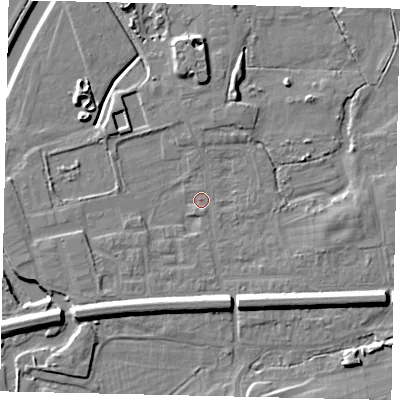 Shaded relief map of the ground around KT108AU, computed from Environment Agency LiDAR. The ground here sits at about 12 m above sea level and falls 8 m across the surrounding 800 m. Surface water reaching this point runs off ground lying to the south-west, 2.1 m higher.