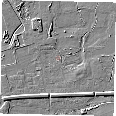 Shaded relief map of the ground around KT108AX, computed from Environment Agency LiDAR. The ground here sits at about 12 m above sea level and falls 8 m across the surrounding 800 m. Surface water reaching this point runs off ground lying to the north-west, 1.5 m higher.
