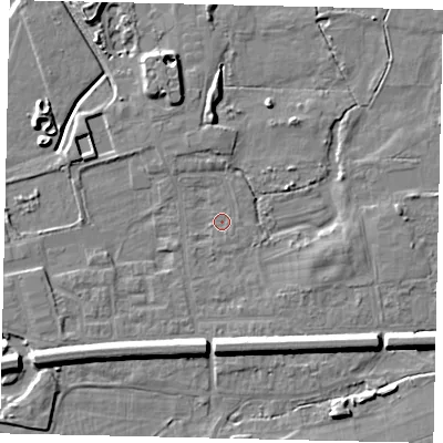 Shaded relief map of the ground around KT108AY, computed from Environment Agency LiDAR. The ground here sits at about 12 m above sea level and falls 8 m across the surrounding 800 m. Surface water reaching this point runs off ground lying to the west-south-west, 3.0 m higher.