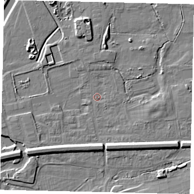 Shaded relief map of the ground around KT108AZ, computed from Environment Agency LiDAR. The ground here sits at about 12 m above sea level and falls 8 m across the surrounding 800 m. Surface water reaching this point runs off ground lying to the west-south-west, 3.0 m higher.