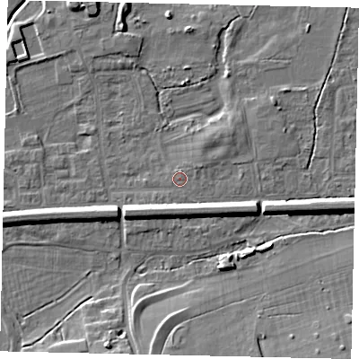 Shaded relief map of the ground around KT108BA, computed from Environment Agency LiDAR. The ground here sits at about 12 m above sea level and falls 9 m across the surrounding 800 m. Surface water reaching this point runs off ground lying to the south-south-west, 5.1 m higher.