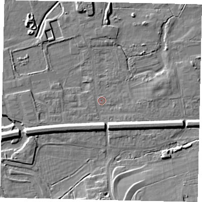 Shaded relief map of the ground around KT108BD, computed from Environment Agency LiDAR. The ground here sits at about 12 m above sea level and falls 8 m across the surrounding 800 m. Surface water reaching this point runs off ground lying to the west-south-west, 6.0 m higher.