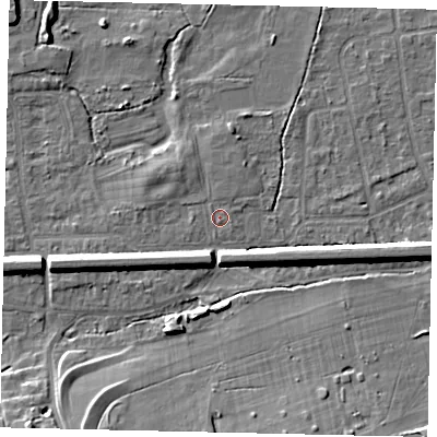 Shaded relief map of the ground around KT108BE, computed from Environment Agency LiDAR. The ground here sits at about 12 m above sea level and falls 8 m across the surrounding 800 m. Surface water reaching this point runs off ground lying to the north-west, 1.6 m higher.