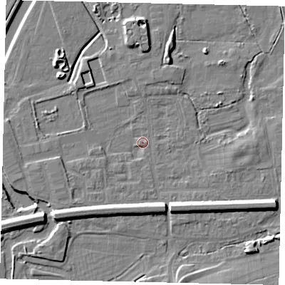 Shaded relief map of the ground around KT108BF, computed from Environment Agency LiDAR. The ground here sits at about 12 m above sea level and falls 8 m across the surrounding 800 m. Surface water reaching this point runs off ground lying to the south-west, 2.1 m higher.