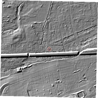 Shaded relief map of the ground around KT108BG, computed from Environment Agency LiDAR. The ground here sits at about 12 m above sea level and falls 8 m across the surrounding 800 m. Surface water reaching this point runs off ground lying to the west-south-west, 6.3 m higher.