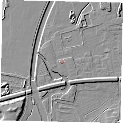 Shaded relief map of the ground around KT108BL, computed from Environment Agency LiDAR. The ground here sits at about 14 m above sea level and falls 12 m across the surrounding 800 m. Surface water reaching this point runs off ground lying to the south-west, 1.3 m higher.