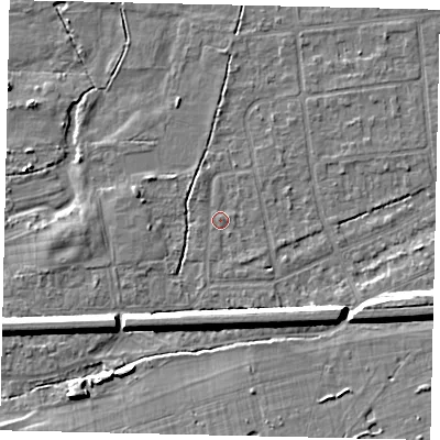 Shaded relief map of the ground around KT108BQ, computed from Environment Agency LiDAR. The ground here sits at about 11 m above sea level and falls 7 m across the surrounding 800 m. Surface water reaching this point runs off ground lying to the south-west, 0.6 m higher.