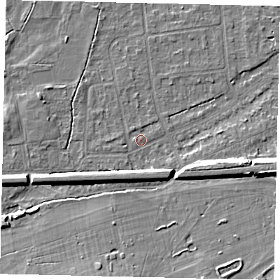 Shaded relief map of the ground around KT108BZ, computed from Environment Agency LiDAR. The ground here sits at about 11 m above sea level and falls 9 m across the surrounding 800 m. Surface water reaching this point runs off ground lying to the east-south-east, 7.2 m higher.