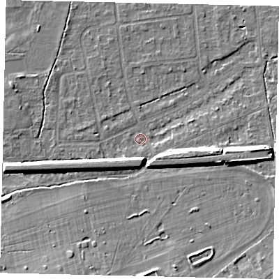Shaded relief map of the ground around KT108DA, computed from Environment Agency LiDAR. The ground here sits at about 11 m above sea level and falls 9 m across the surrounding 800 m. Surface water reaching this point runs off ground lying to the east, 7.3 m higher.