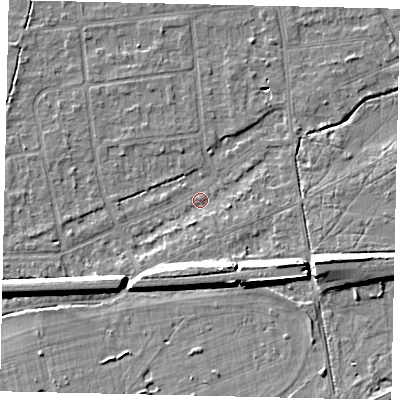 Shaded relief map of the ground around KT108DB, computed from Environment Agency LiDAR. The ground here sits at about 11 m above sea level and falls 10 m across the surrounding 800 m. Surface water reaching this point runs off ground lying to the east-south-east, 7.8 m higher.