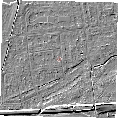 Shaded relief map of the ground around KT108DE, computed from Environment Agency LiDAR. The ground here sits at about 11 m above sea level and falls 10 m across the surrounding 800 m. Surface water reaching this point runs off ground lying to the west, 0.6 m higher.