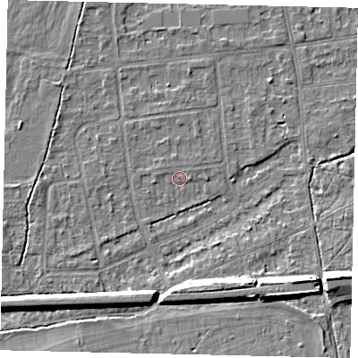 Shaded relief map of the ground around KT108DF, computed from Environment Agency LiDAR. The ground here sits at about 11 m above sea level and falls 10 m across the surrounding 800 m. Surface water reaching this point runs off ground lying to the south-west, 1.4 m higher.